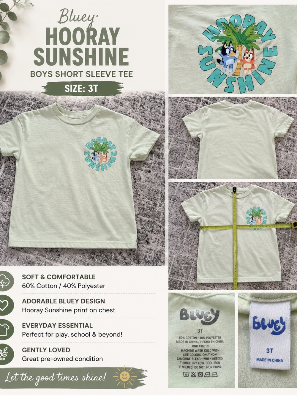 Bluey Hooray Sunshine Boys Short Sleeve Tee - Light Green